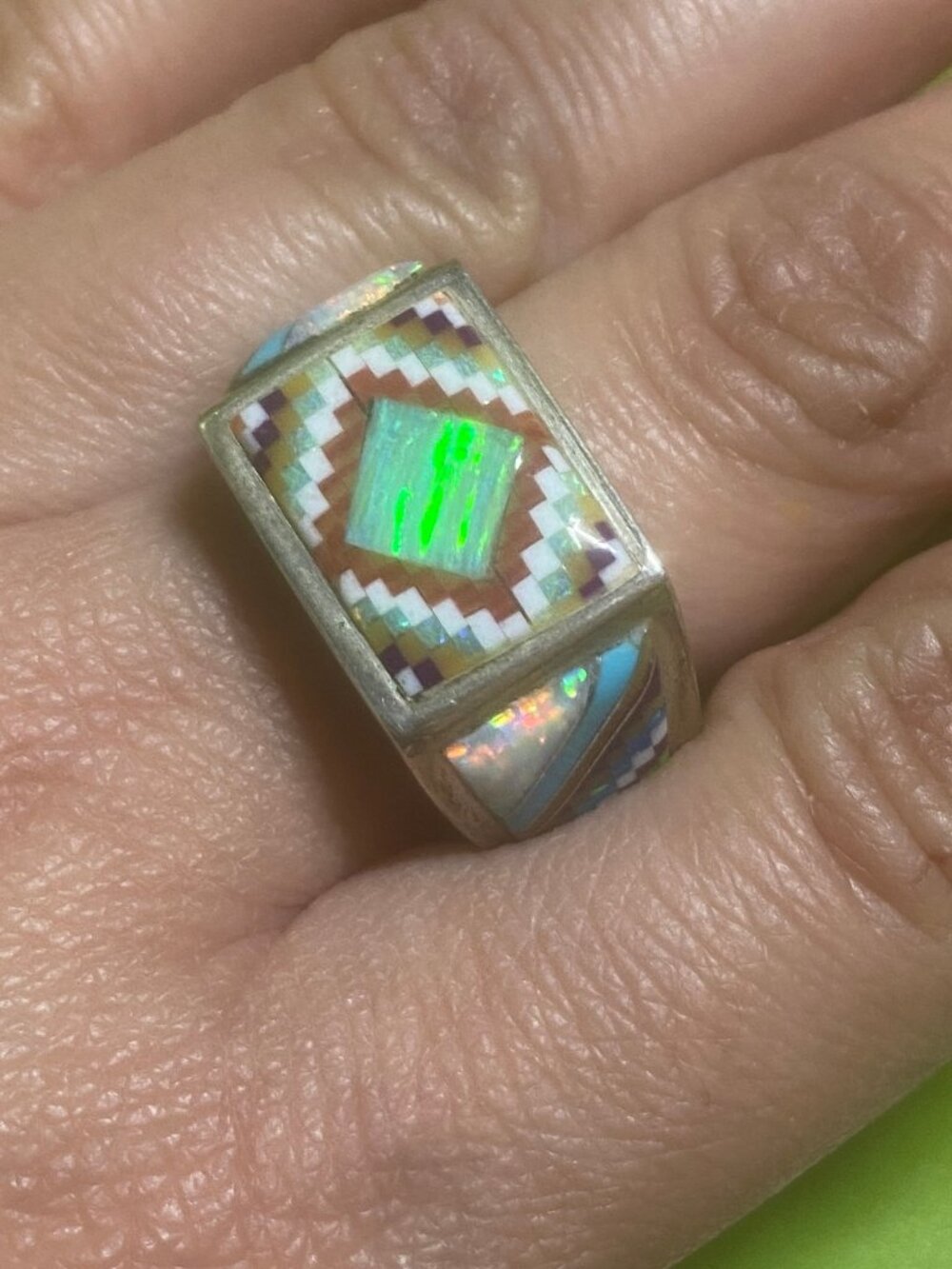 Zuni Men's Ring Size 10 1/2 Inlay Sterling Silver Opal Native American Ethnic - Picture 2 of 12